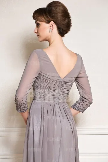 Grey Long V-Neck Sequin Embellished Dress for Gala - Robedesoireelongue.fr