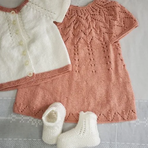 Hand-knit pink desert sand wool baby layette dress 0-3 months.