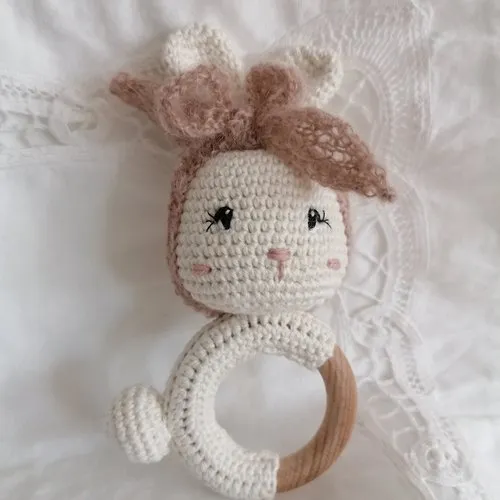 Handmade crochet cotton rabbit teething ring for babies.