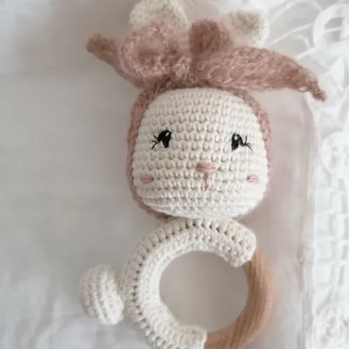 Handmade crochet cotton rabbit teething ring for babies.