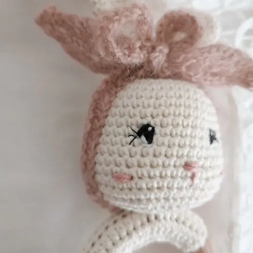 Handmade crochet cotton rabbit teething ring for babies.