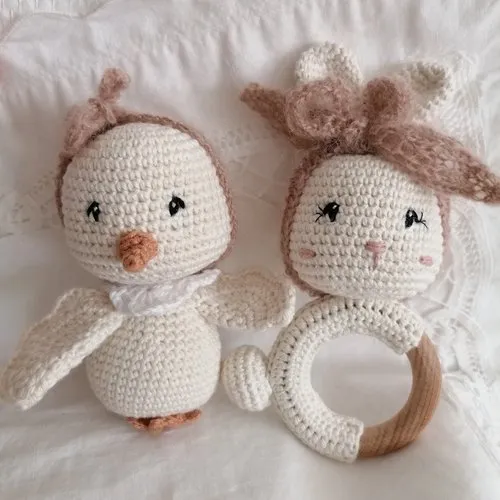 Handmade crochet cotton rabbit teething ring for babies.