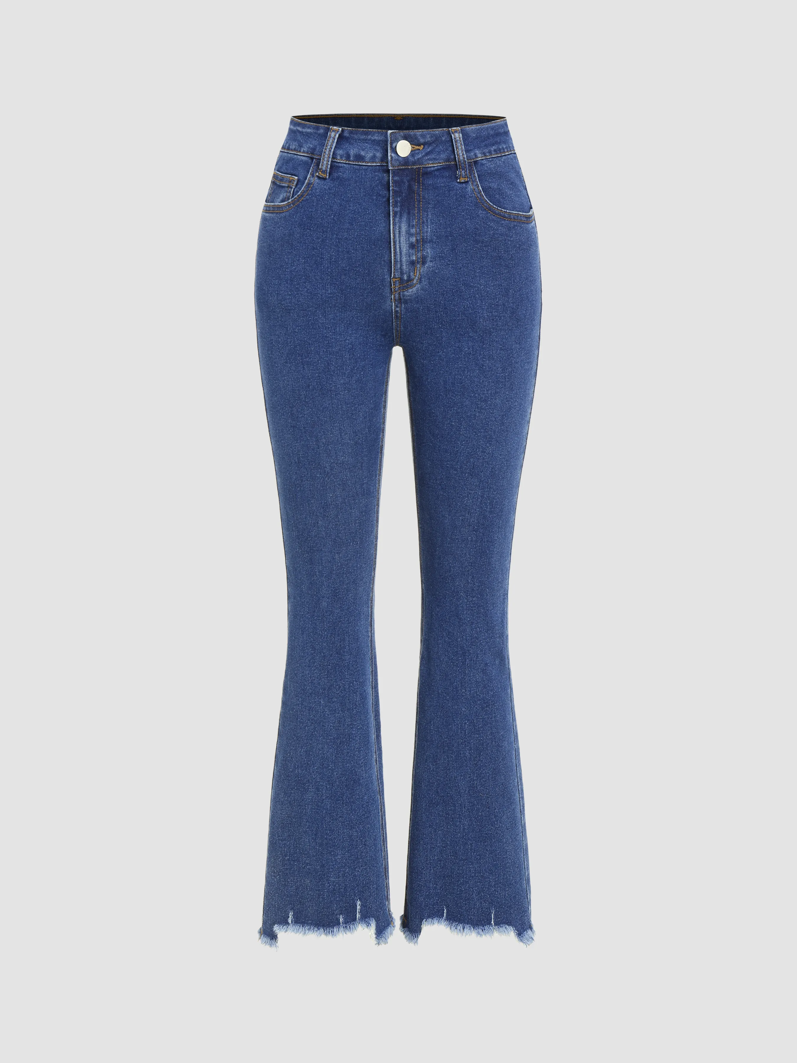 short flared jeans with raw hem and stretch denim pockets