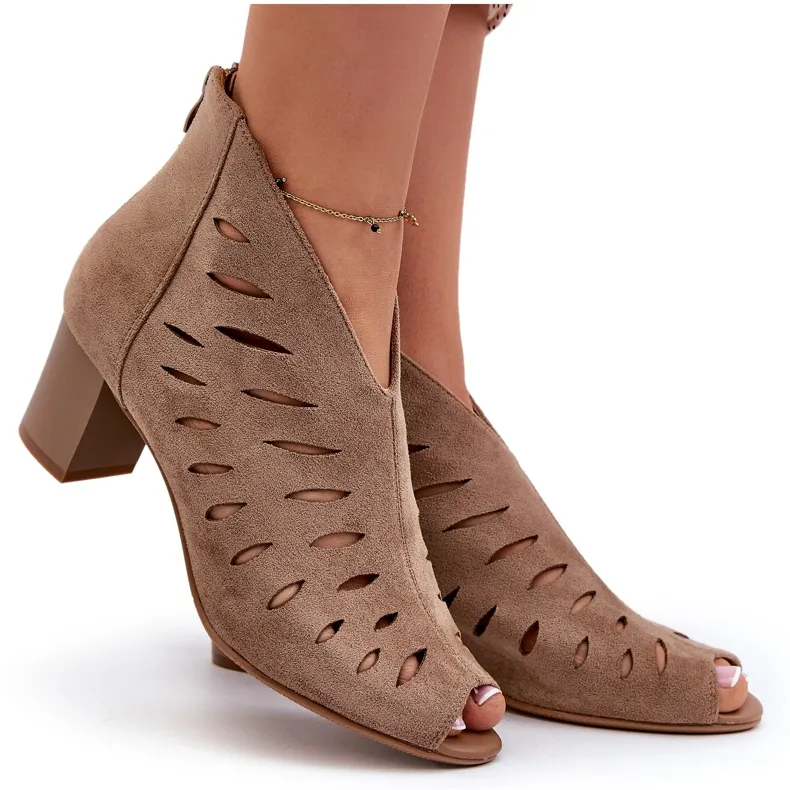 Jezzi Beige Timalre Women's Cutout Faux Suede High Heel Peep Toe Booties