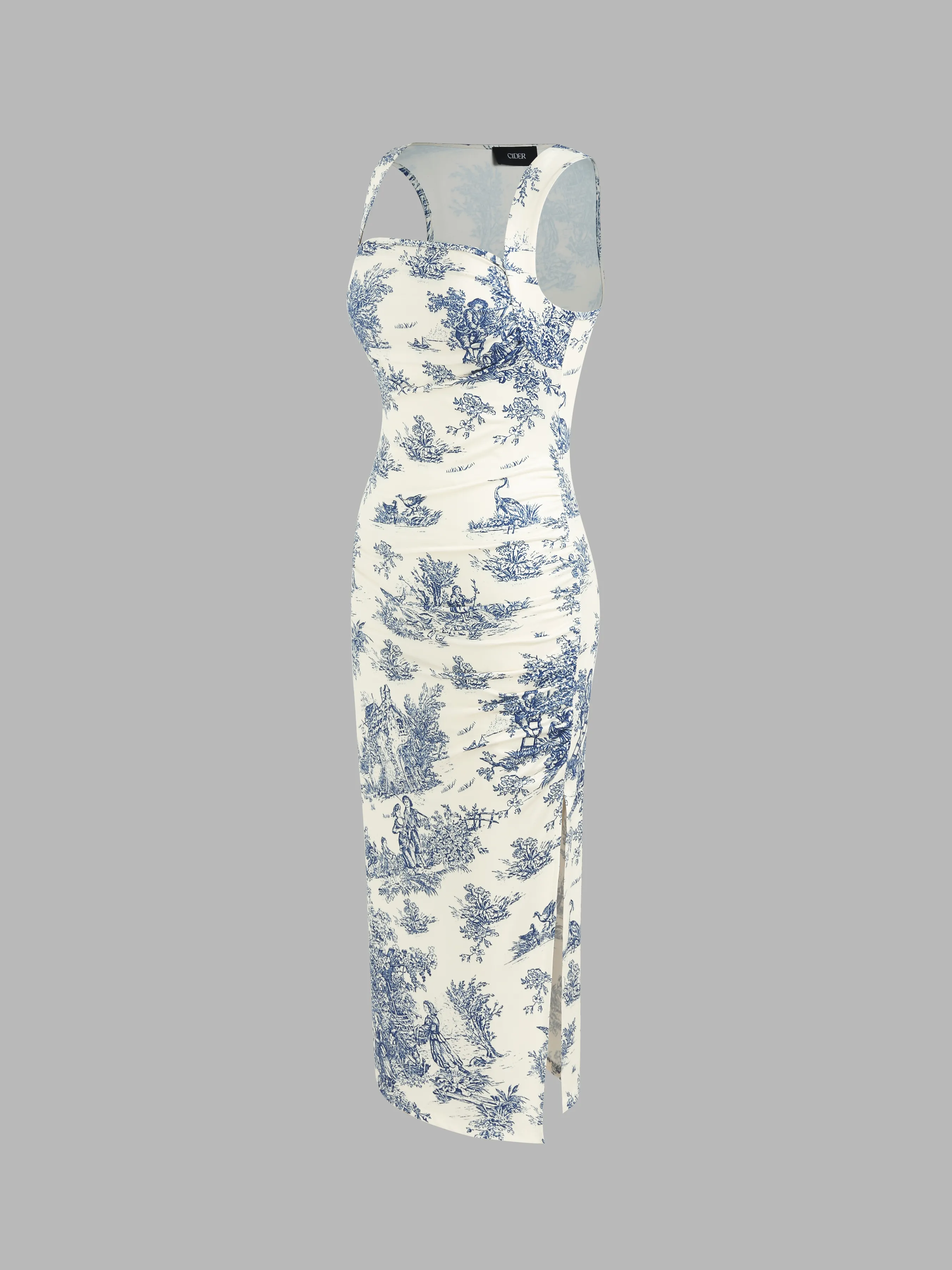 Jouy Toile Ruched Maxi Dress with Split