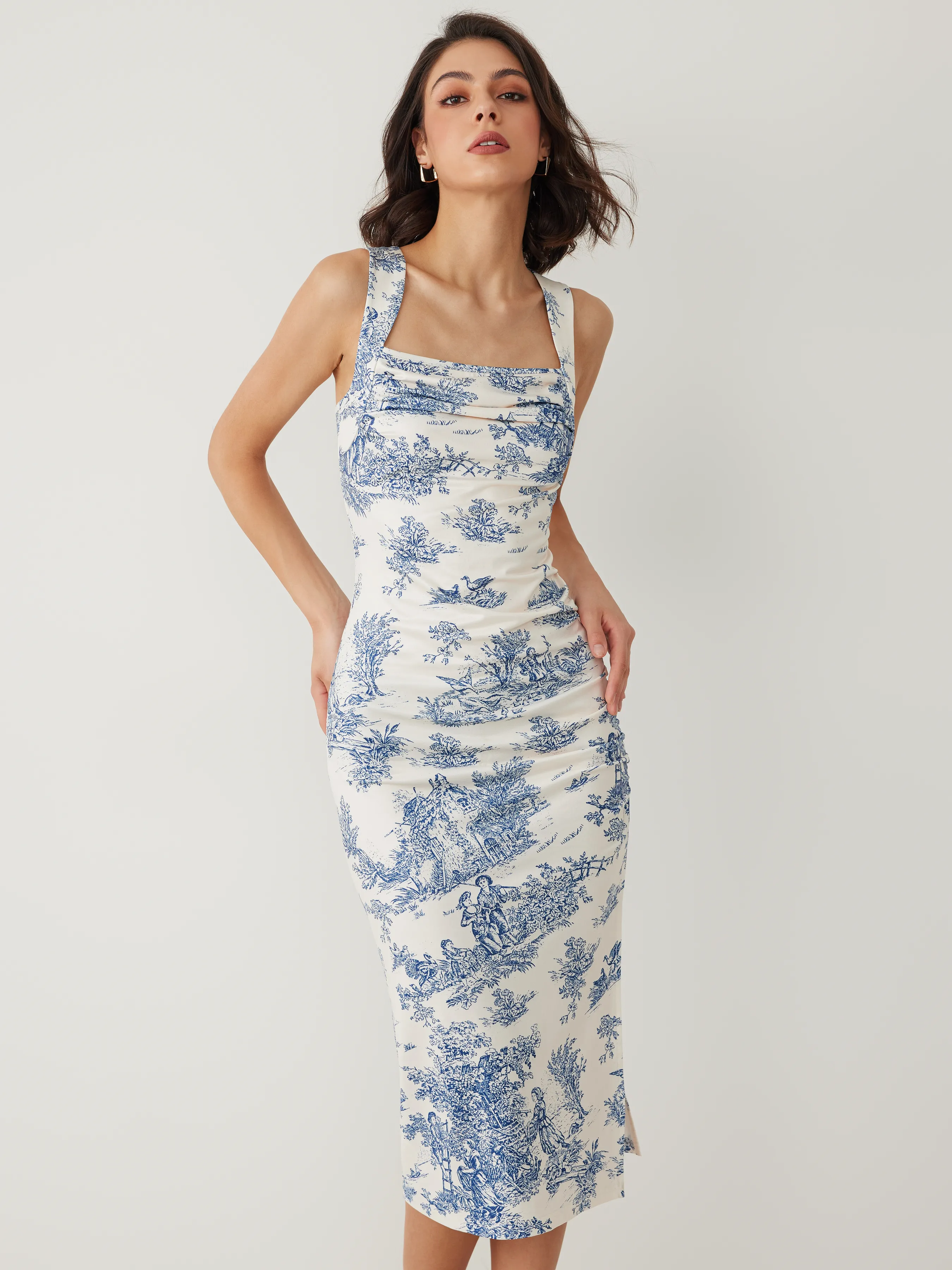 Jouy Toile Ruched Maxi Dress with Split