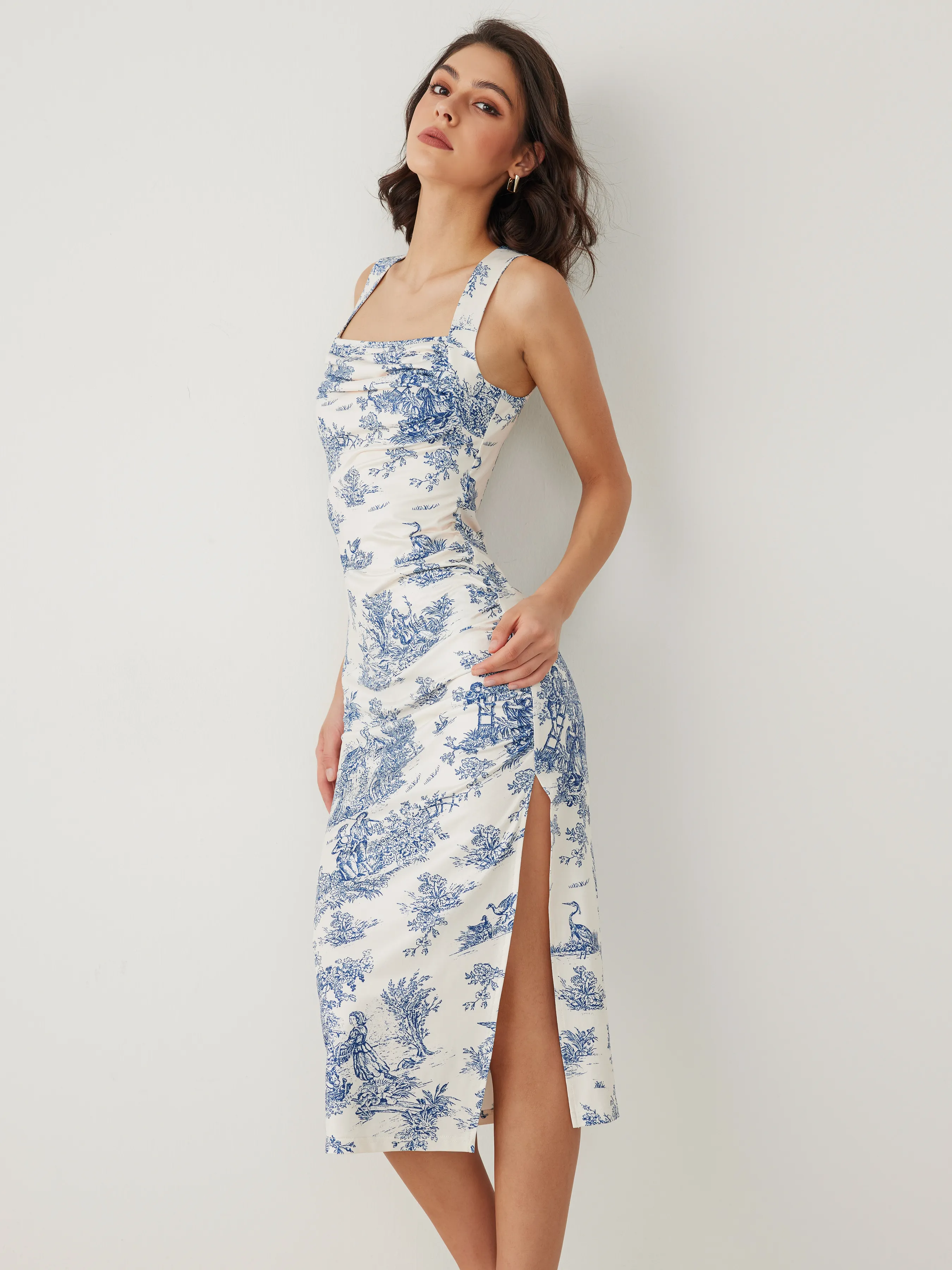 Jouy Toile Ruched Maxi Dress with Split