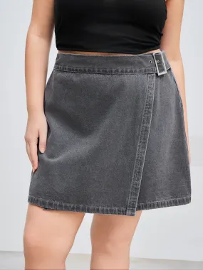 Denim mini wrap skirt with high waist and Curve & Plus belt.