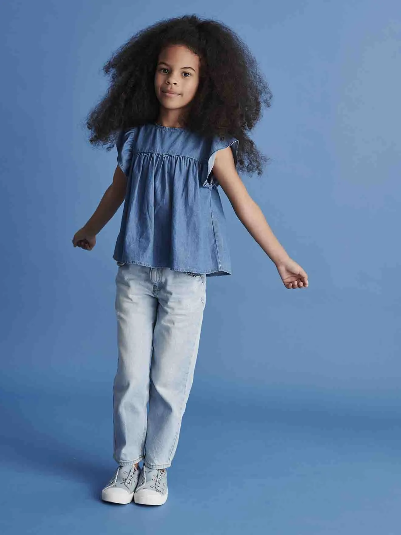 Light denim blouse for girls with short ruffle sleeves - Vertbaudet