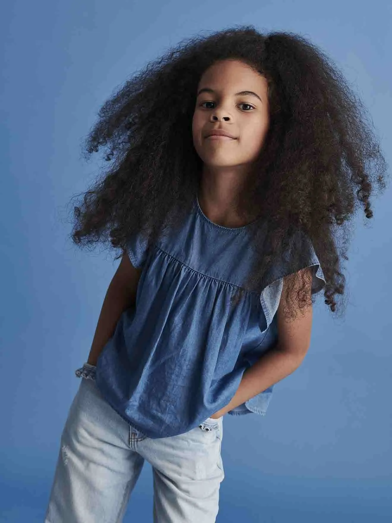 Light denim blouse for girls with short ruffle sleeves - Vertbaudet