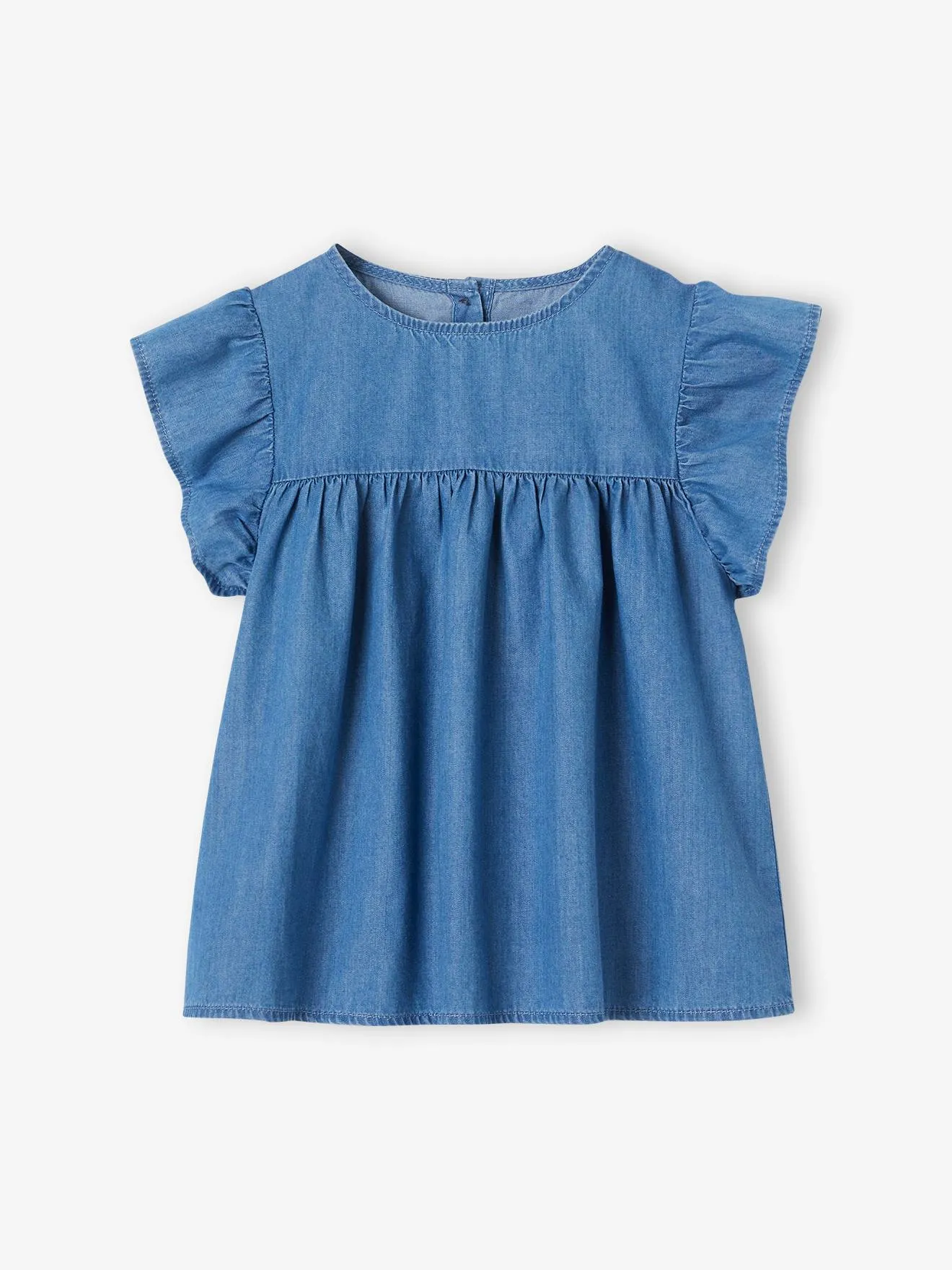 Light denim blouse for girls with short ruffle sleeves - Vertbaudet