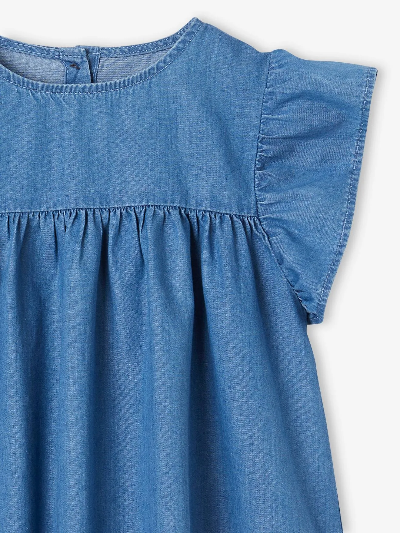 Light denim blouse for girls with short ruffle sleeves - Vertbaudet