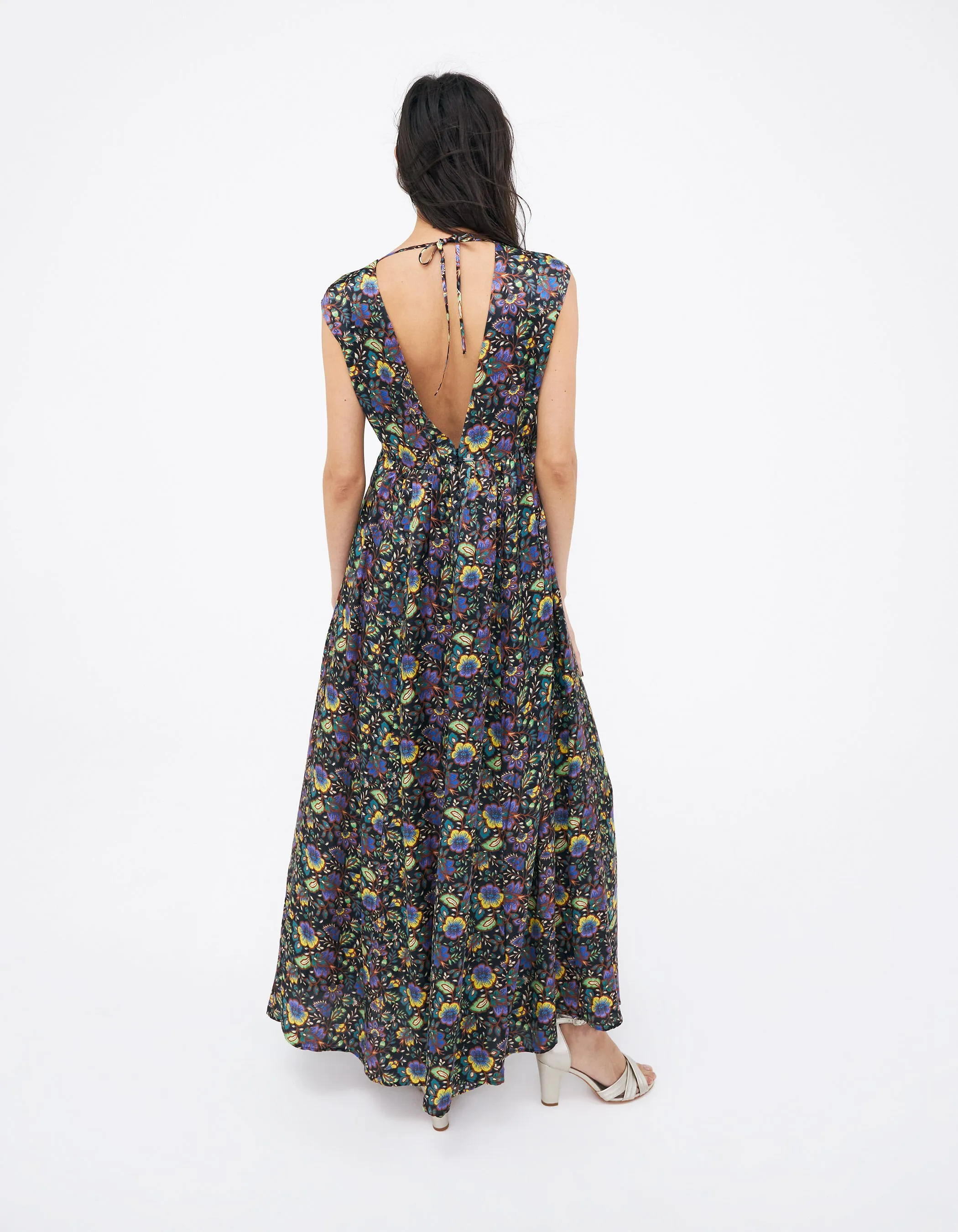 Long black open-back dress with floral print - Women.