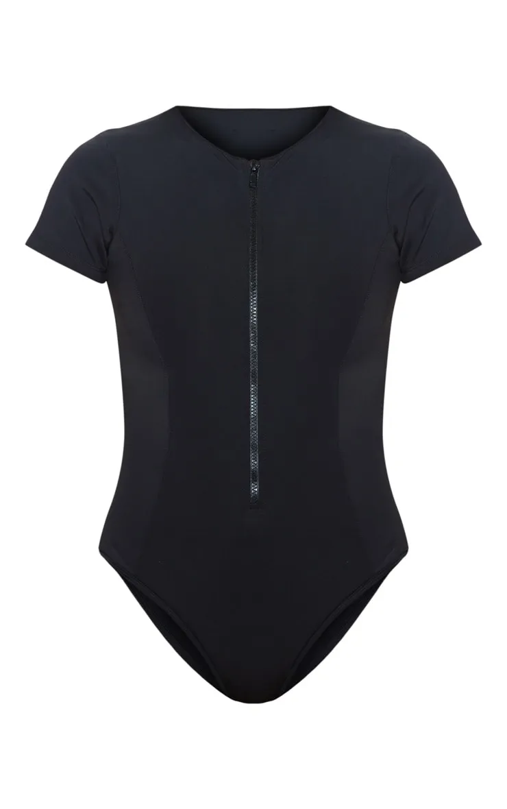 Black neoprene zip-up swimsuit.