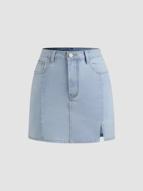 High Waisted Solid Color Denim Split Mini Skirt