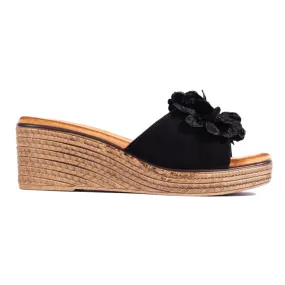 Black suede wedge mules.