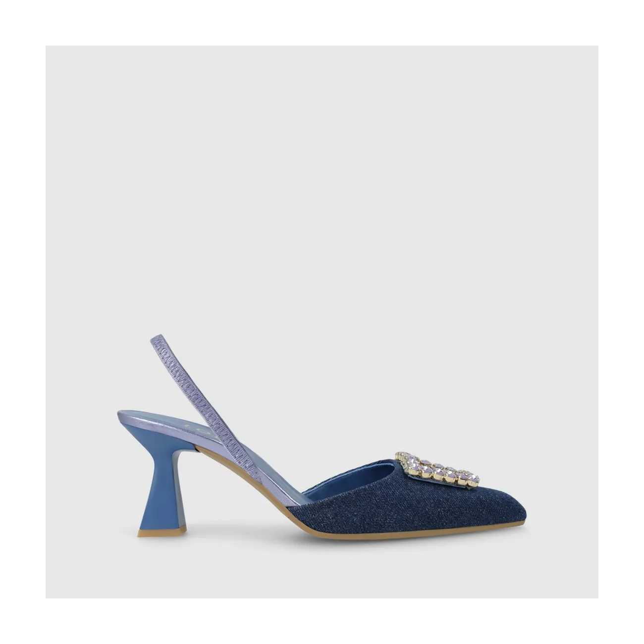 Navy blue denim fabric women's slingback pump. I LODI Women's Shoes Online.