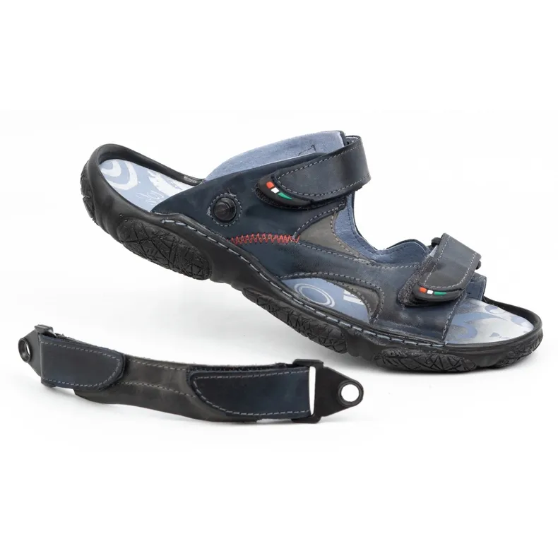 Men's Navy Blue Leather Driver Sandals by Olivier 362MA