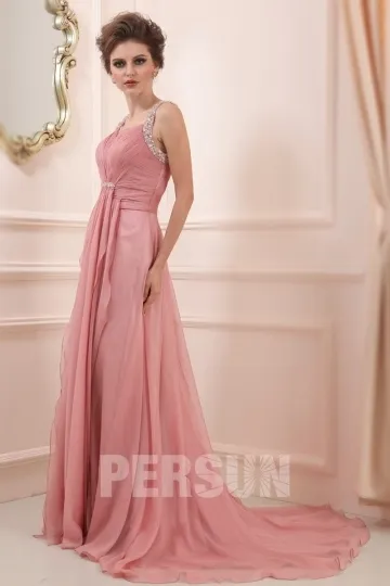 Pink pleated gala gown with rhinestone-embellished strap chapel train - Robedesoireelongue.fr