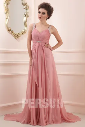 Pink pleated gala gown with rhinestone-embellished strap chapel train - Robedesoireelongue.fr