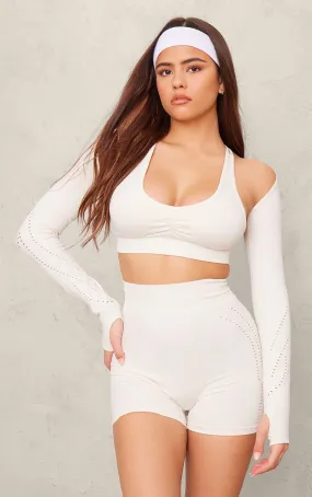 PLT Sport Crop top de yoga très court crème sans coutures à découpes laser