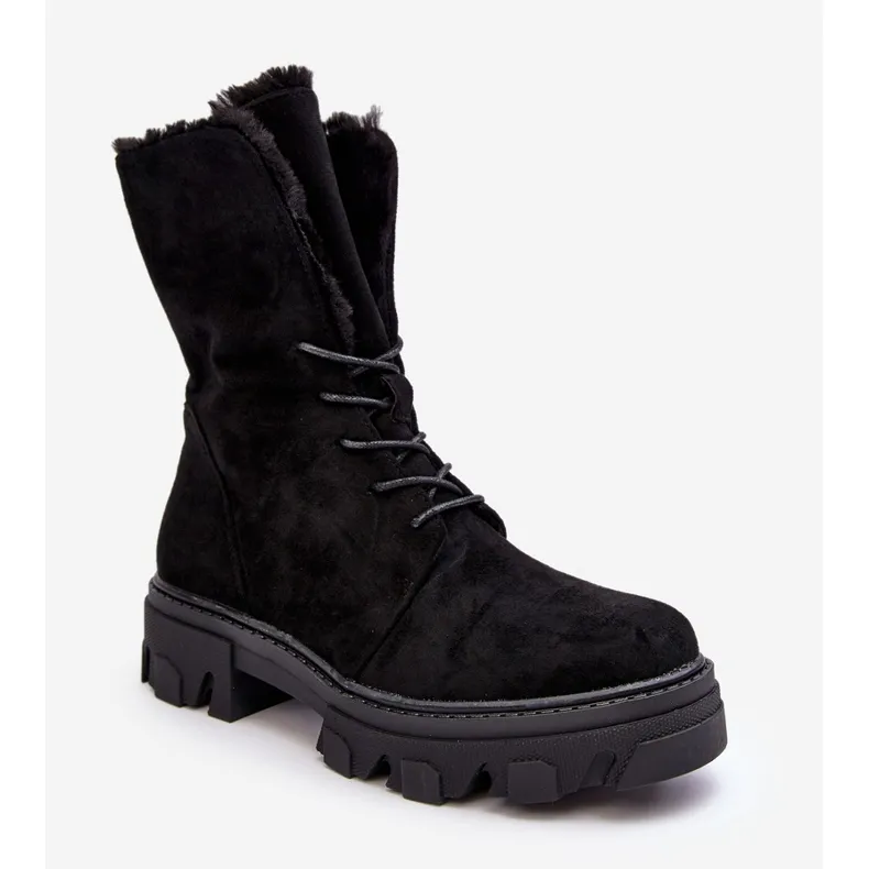 PS1 Bottines Worker à lacets en daim avec fourrure, noir Frendo le noir