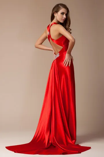 Red Long Gala Dress with V-Neck Jewel Embellished Slit - Robedesoireelongue.fr