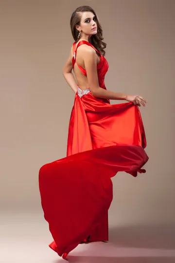 Red Long Gala Dress with V-Neck Jewel Embellished Slit - Robedesoireelongue.fr