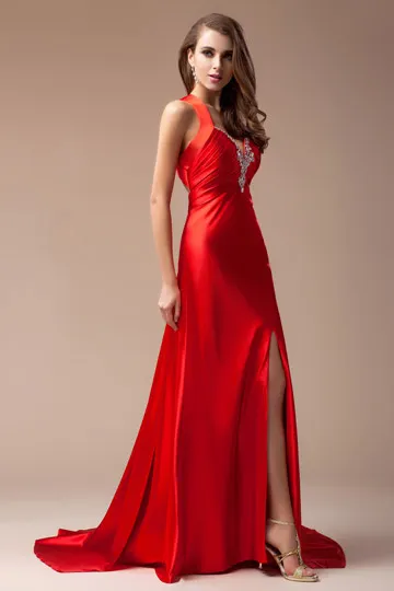 Red Long Gala Dress with V-Neck Jewel Embellished Slit - Robedesoireelongue.fr