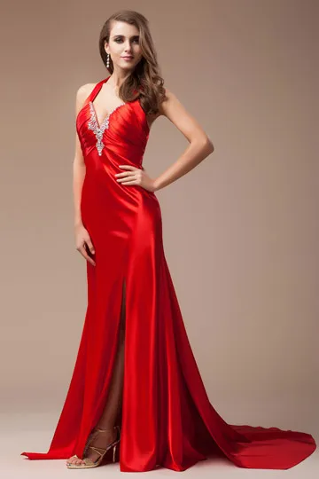 Red Long Gala Dress with V-Neck Jewel Embellished Slit - Robedesoireelongue.fr