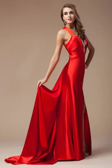 Red Long Gala Dress with V-Neck Jewel Embellished Slit - Robedesoireelongue.fr