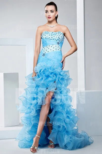 Blue Short Front Long Back Dress with Ruffled Bustier Embellished with Rhinestones for Gala