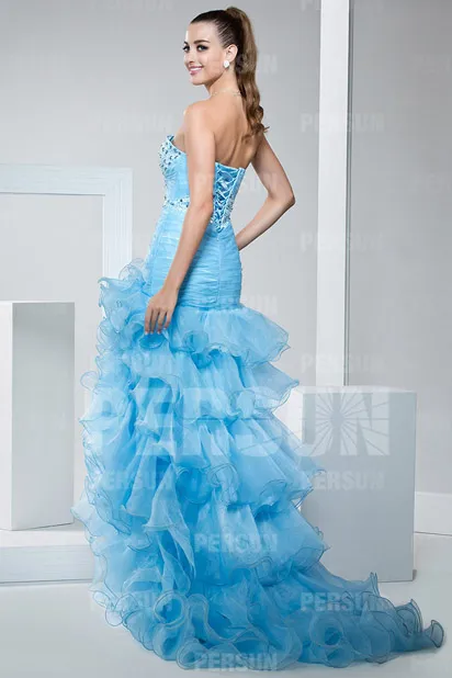 Blue Short Front Long Back Dress with Ruffled Bustier Embellished with Rhinestones for Gala