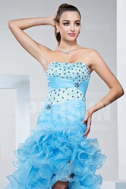 Blue Short Front Long Back Dress with Ruffled Bustier Embellished with Rhinestones for Gala