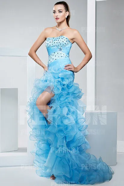 Blue Short Front Long Back Dress with Ruffled Bustier Embellished with Rhinestones for Gala