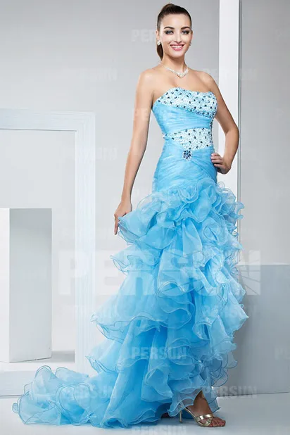 Blue Short Front Long Back Dress with Ruffled Bustier Embellished with Rhinestones for Gala