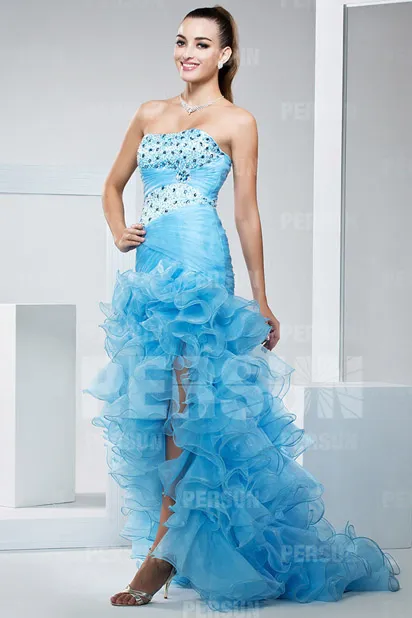 Blue Short Front Long Back Dress with Ruffled Bustier Embellished with Rhinestones for Gala