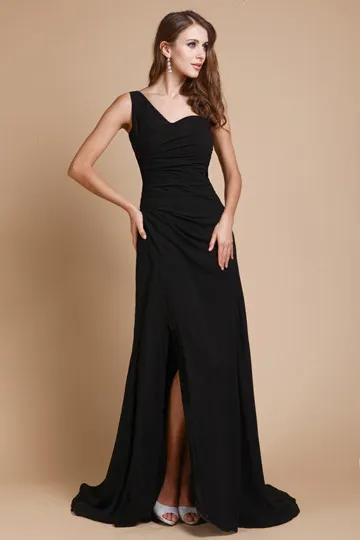 Robe chic de gala noire longue fendue & asymétrique à traîne - Robedesoireelongue.fr