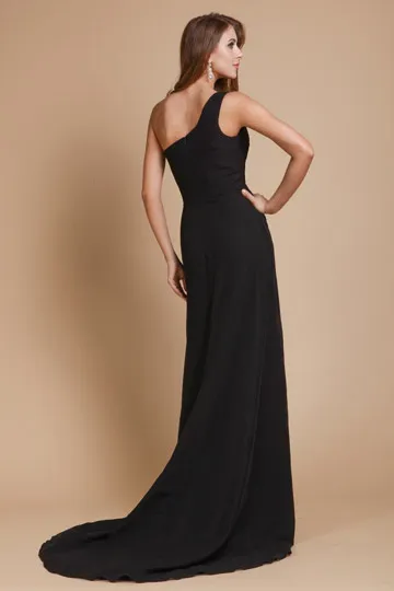 Robe chic de gala noire longue fendue & asymétrique à traîne - Robedesoireelongue.fr