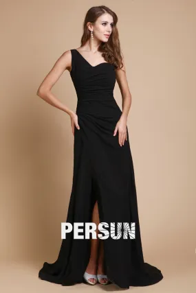 Robe chic de gala noire longue fendue & asymétrique à traîne - Robedesoireelongue.fr