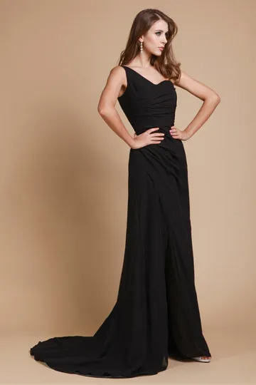 Robe chic de gala noire longue fendue & asymétrique à traîne - Robedesoireelongue.fr