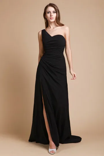 Robe chic de gala noire longue fendue & asymétrique à traîne - Robedesoireelongue.fr