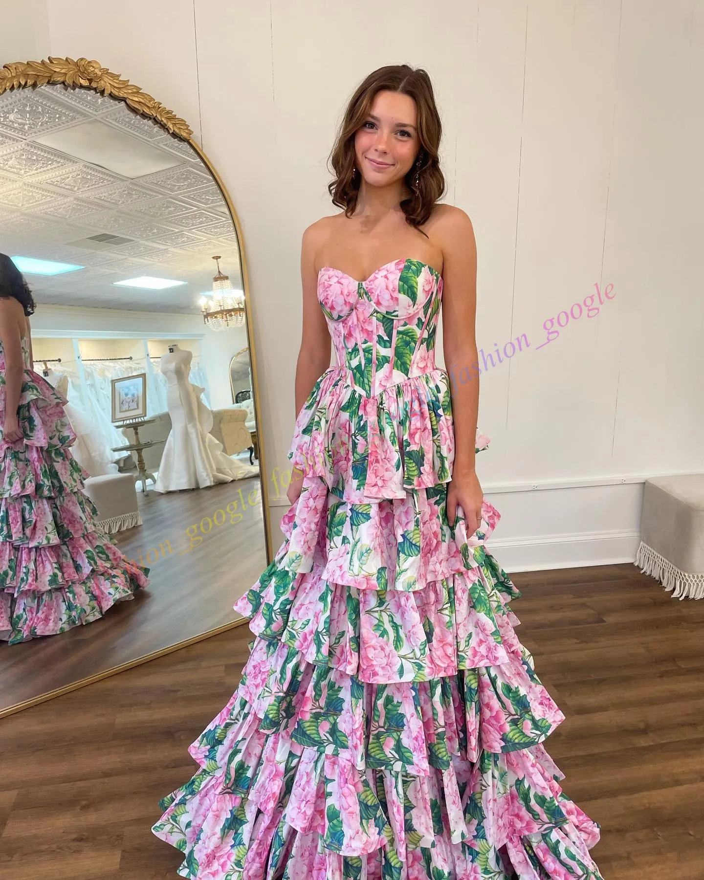 Printed Floral Ball Gown Corset Strapless Bodice Prom Winter Evening Formal Cocktail Hoco Gala Dress Sherr.