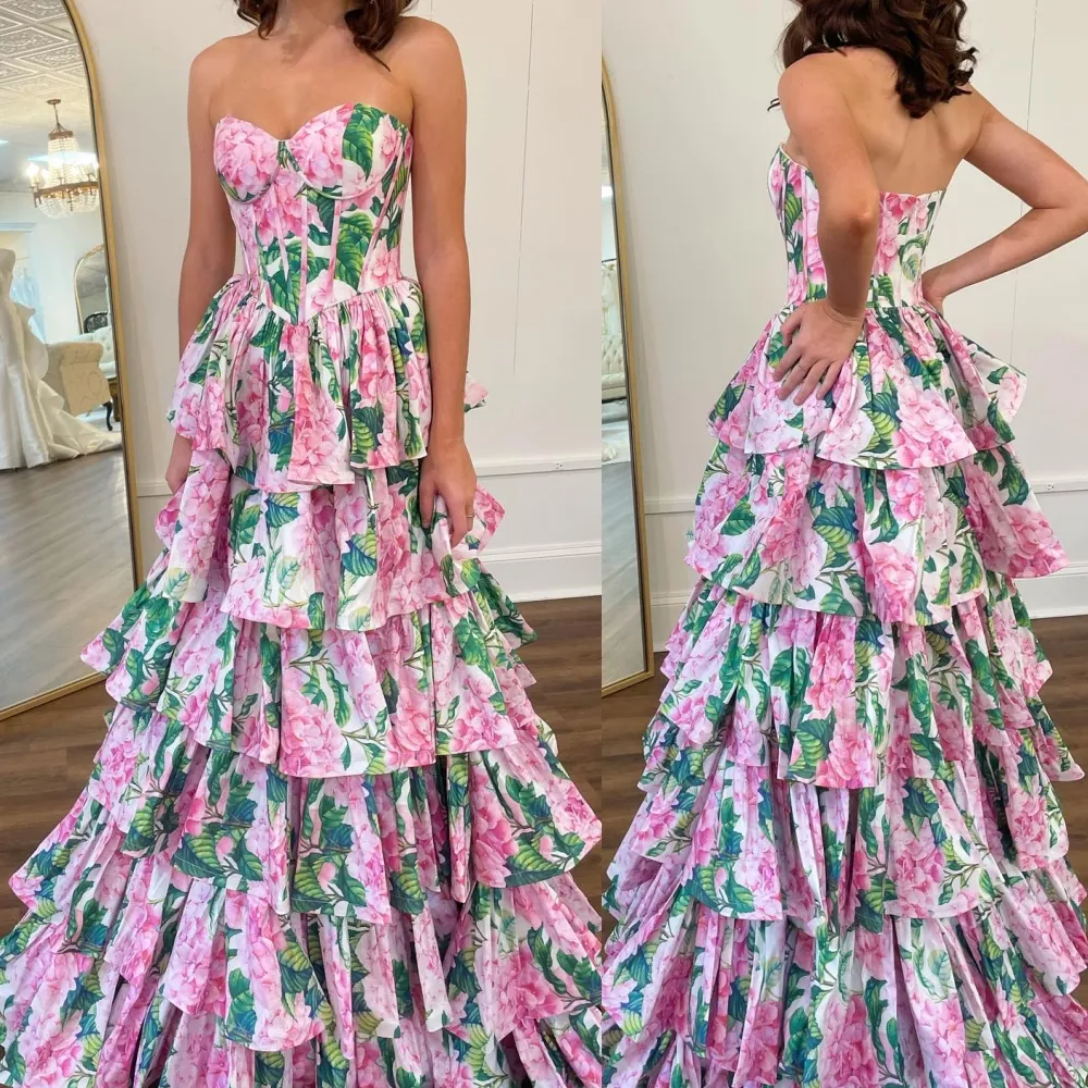 Printed Floral Ball Gown Corset Strapless Bodice Prom Winter Evening Formal Cocktail Hoco Gala Dress Sherr.