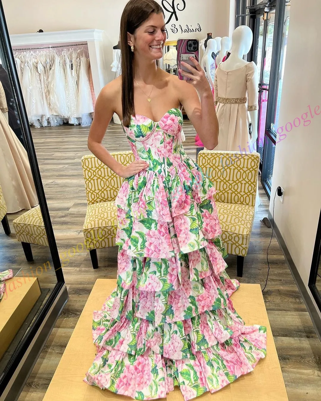 Printed Floral Ball Gown Corset Strapless Bodice Prom Winter Evening Formal Cocktail Hoco Gala Dress Sherr.