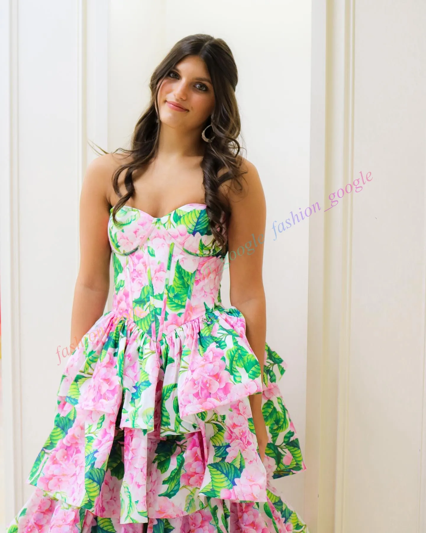 Printed Floral Ball Gown Corset Strapless Bodice Prom Winter Evening Formal Cocktail Hoco Gala Dress Sherr.