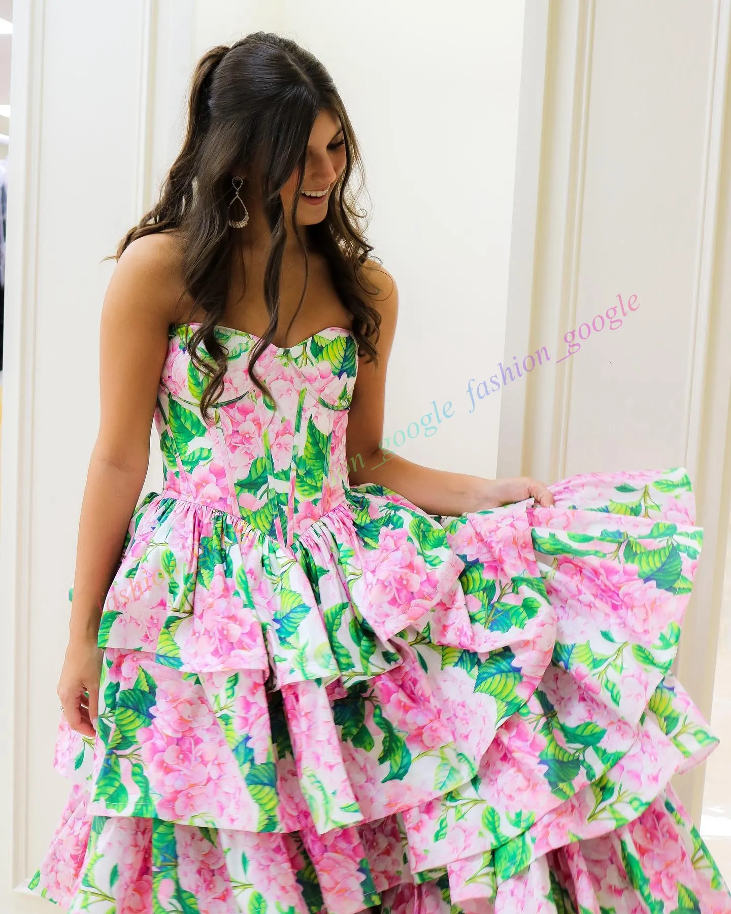 Printed Floral Ball Gown Corset Strapless Bodice Prom Winter Evening Formal Cocktail Hoco Gala Dress Sherr.