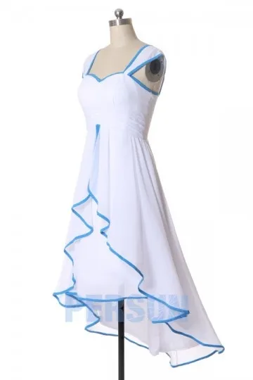 Robe de gala bicolore blanc & bleu à mancherons courte devant longue derrière