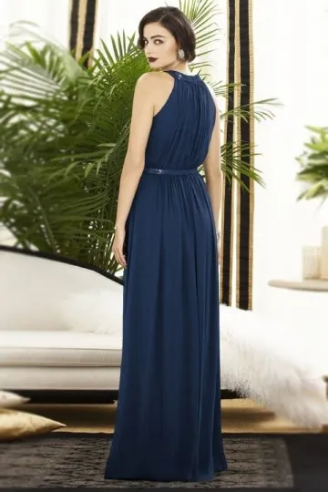 Robe de gala bleu nuit longue ultra élégante avec une ceinture - Robedesoireelongue.fr