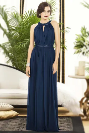 Robe de gala bleu nuit longue ultra élégante avec une ceinture - Robedesoireelongue.fr